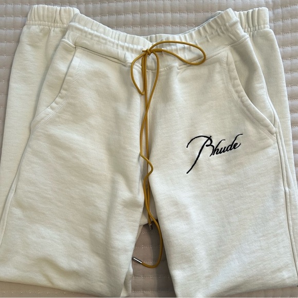 Rhude Men’s Embroidered Logo Loopback Cotton Jersey Sweatpants in Cream, Small - Picture 12 of 13
